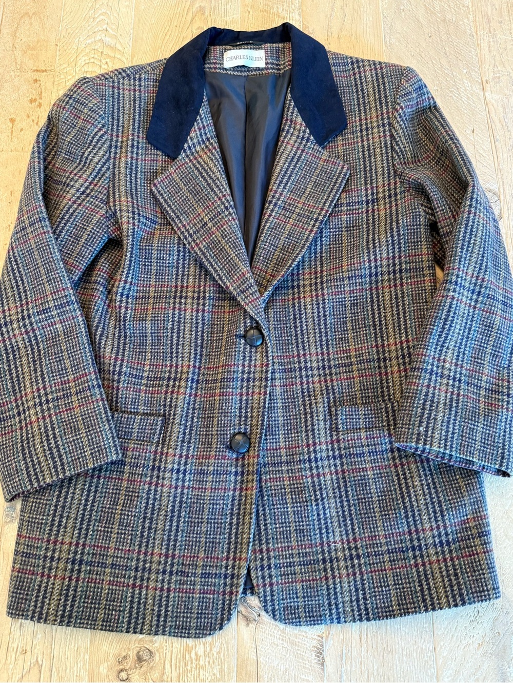 Vintage Charles Klein Women’s Plaid Wool Blend Blazer Navy Velvet Collar 8